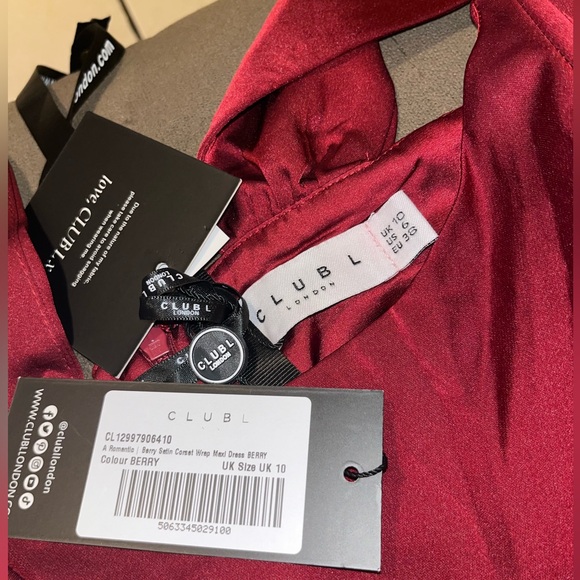 Club L London- Berry Satin Corset Wrap maxi dress - Picture 3 of 6